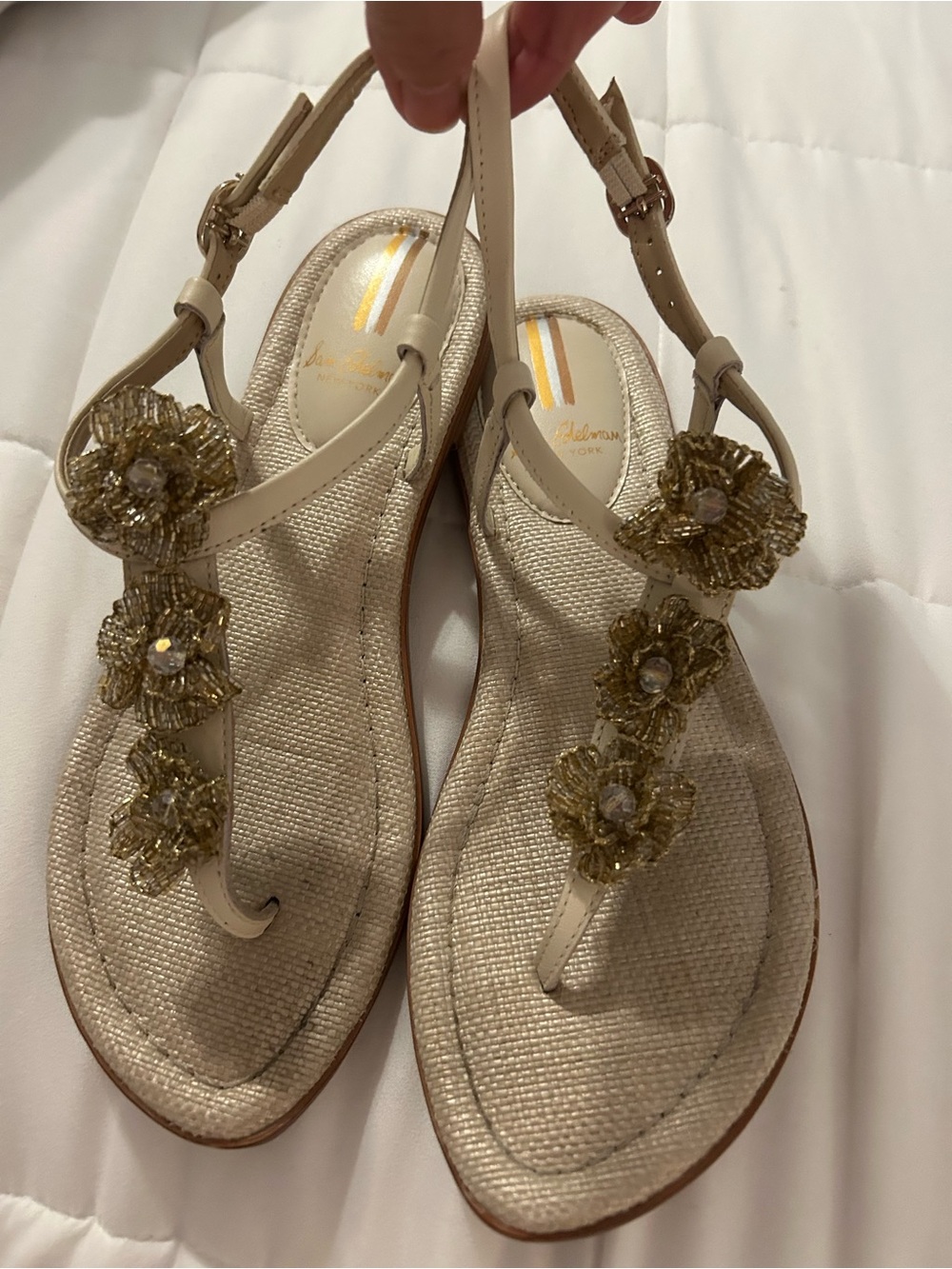 Sam Edelman Cream T-Strap Sandals with Gold Beaded Flowers